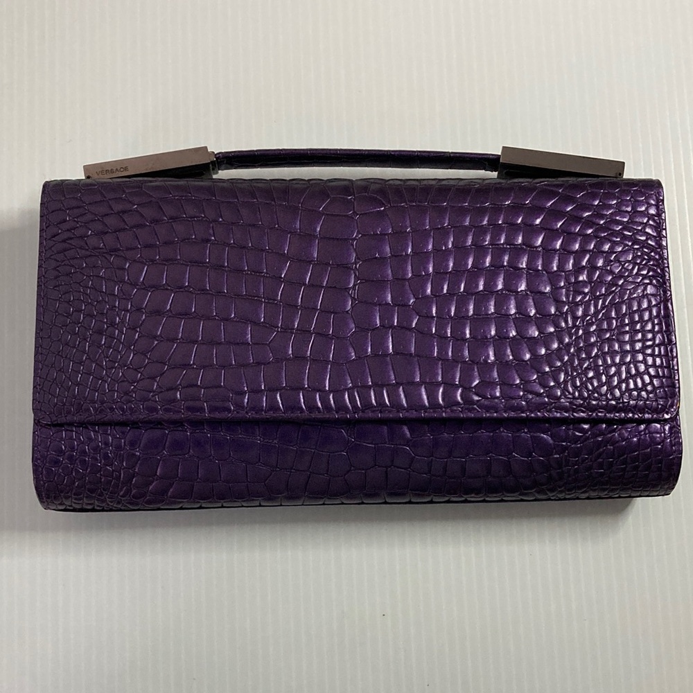 RARE Authentic vintage Versace clutch, purple, crocodile pattern, metal hardware